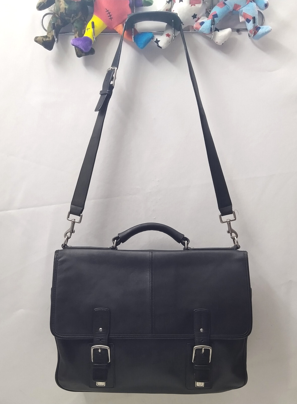 Coach Black Leather Double Pushlock Briefcase Laptop Business Crossbody Bag